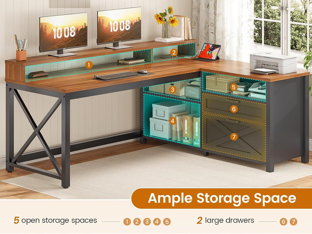 L Shaped Gaming Desk with Drawers, 55" Farmhouse Computer Desk with File Drawer and Storage Shelves, Corner Gaming