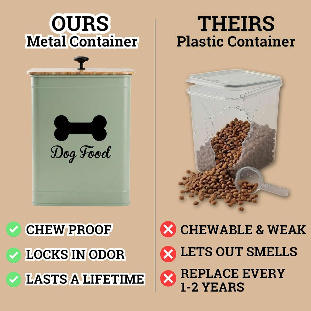 Metal Dog Food Container 5-7lb, 25 Cup w/ Airtight Bamboo Lid, Metal Handle