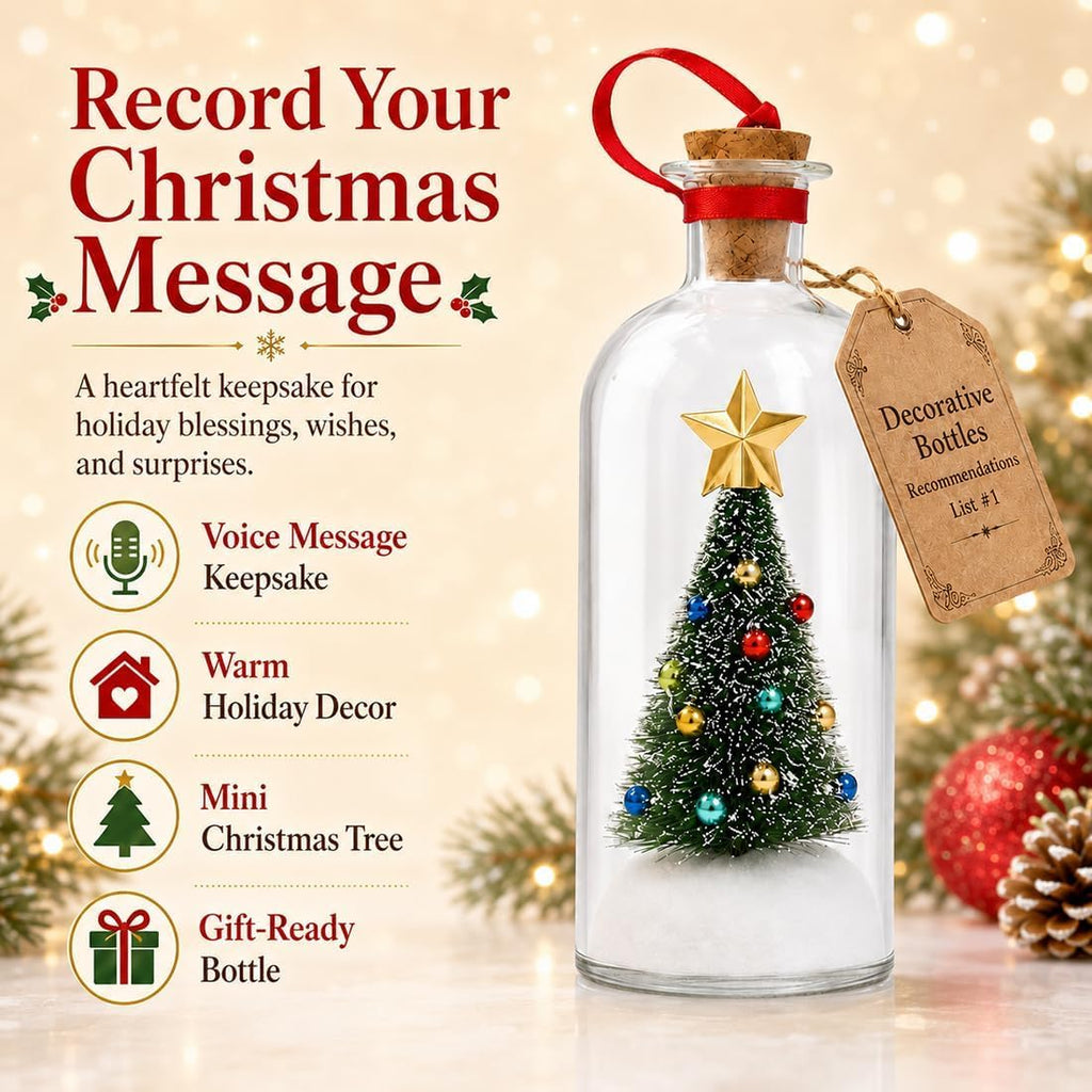 Recordable Christmas Tree in a Bottle Ornament,30-Second Voice Recording Keepsake with Snowy Mini Trees,Glass - Set of 3