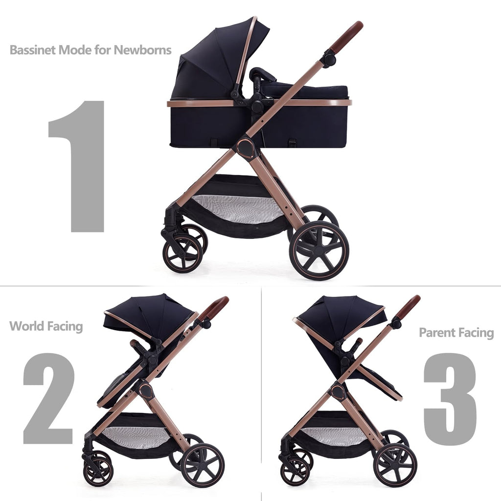 2 in 1 Baby Stroller, Newborn Infant Toddler Convertible Bassinet Pram Stroller for 0-36 Months Old Babies (Black)