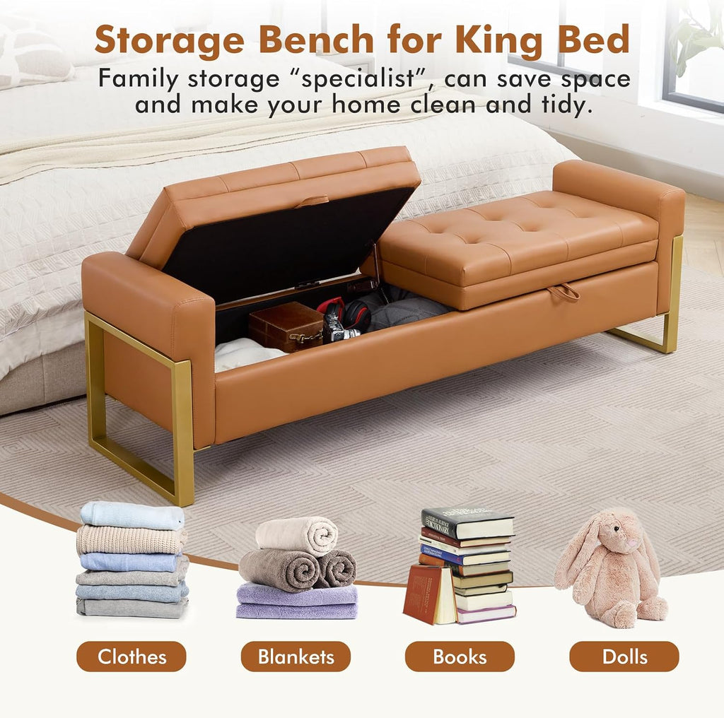 67" Storage Bench End of Bed King Size, Light Brown | Double Lids, Upholstered Faux Leather Storage Bench with Golden