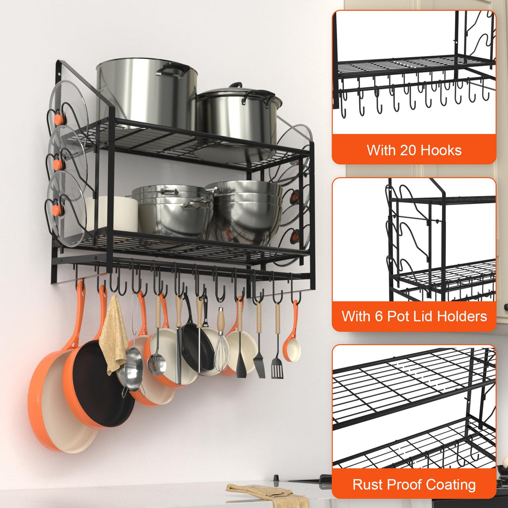 28 Inch Pot Rack Wall Mounted, 2 Tier Pots and Pans Organizer with 20 Hooks and 6 Pot Lid Holders, Heavy Duty Steel