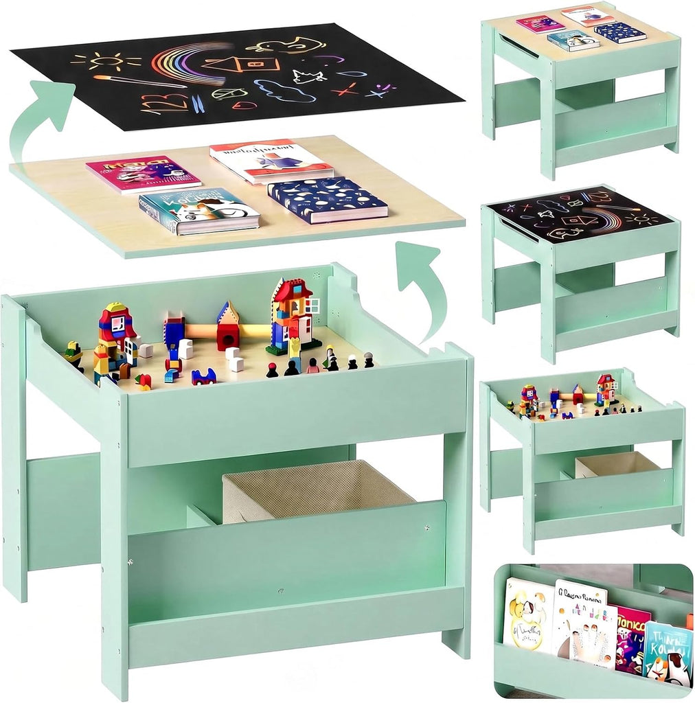 Kids Table & 2 Chairs Set, 4 in 1 Wooden Activity Table w/Bookshelf