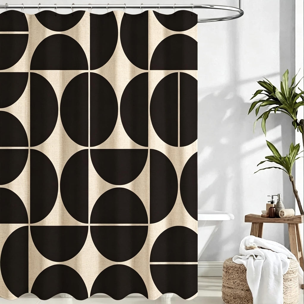 Black and White Geometric Linen Fabric Sets, Mid-Century Modern Abstract Art Bath Curtain Boho, 72 x 72 Inches