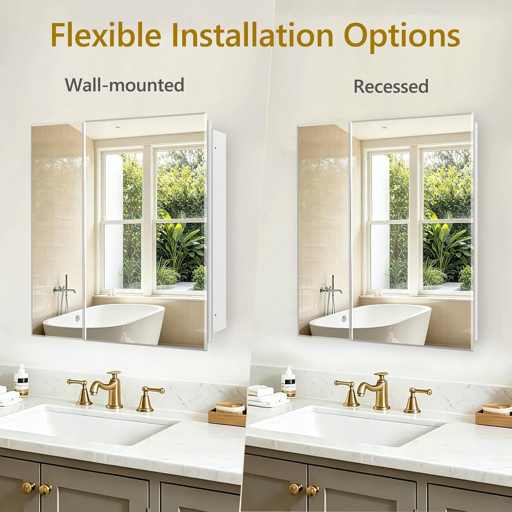 Bathroom Medicine Cabinet with 30x26 in Rectangular Beveled Frameless Mirror,Double Door Wall Mounted Mirror Cabinet