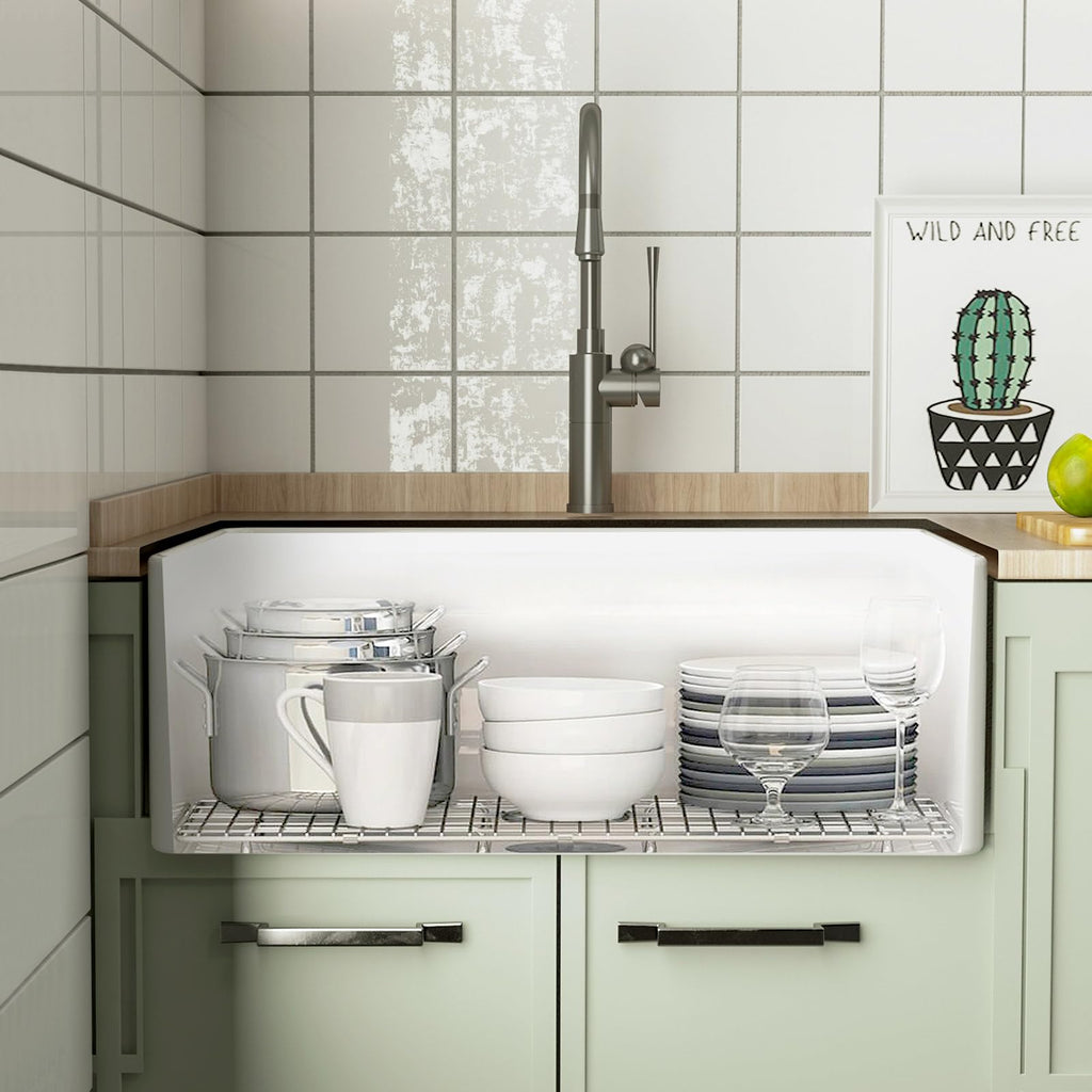 Farmhouse Kitchen Sink, 30-inch Single Bowl Sink with Bottom Grid & Strainer, Large Apron-front Ceramic Porcelain