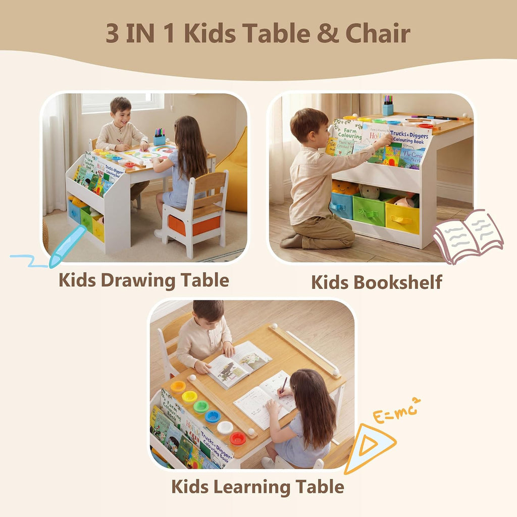 Kids Art Table & 2 Chairs Set, Bookshelf, Natural & White