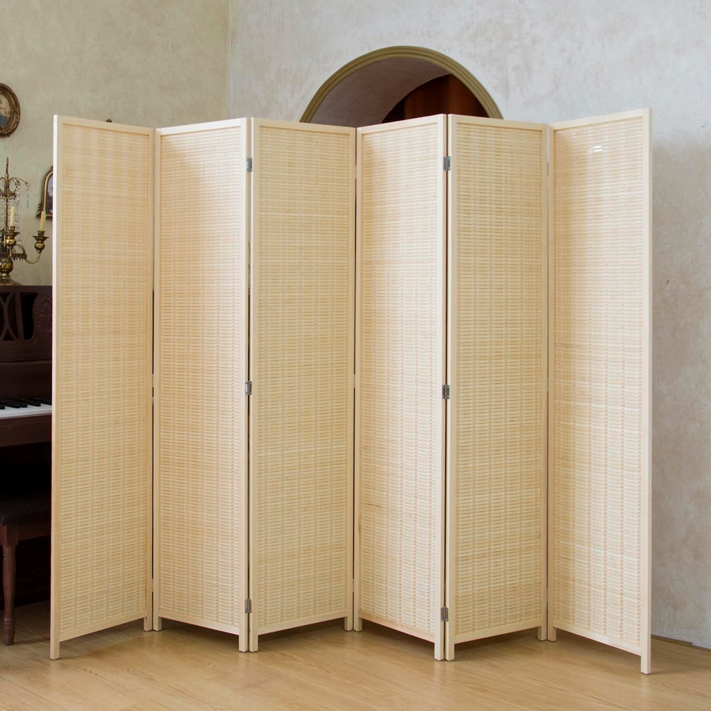 6 Panel Bamboo Room Divider - 5.6 ft Tall Natural Beige Folding Privacy Screen, Double-Sided Freestanding Partition