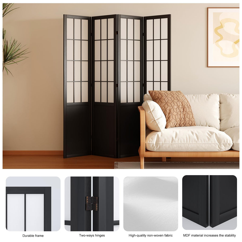 Room Divider, 66.9Inch Tall Japanese Shoji Style Folding Wood Screen with Double Hinges Bedroom Hotel Decoration