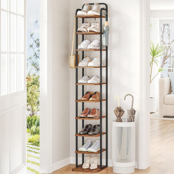 10 Tiers Vertical Shoe Rack, Tall Shoe Shelf with 2 Hooks