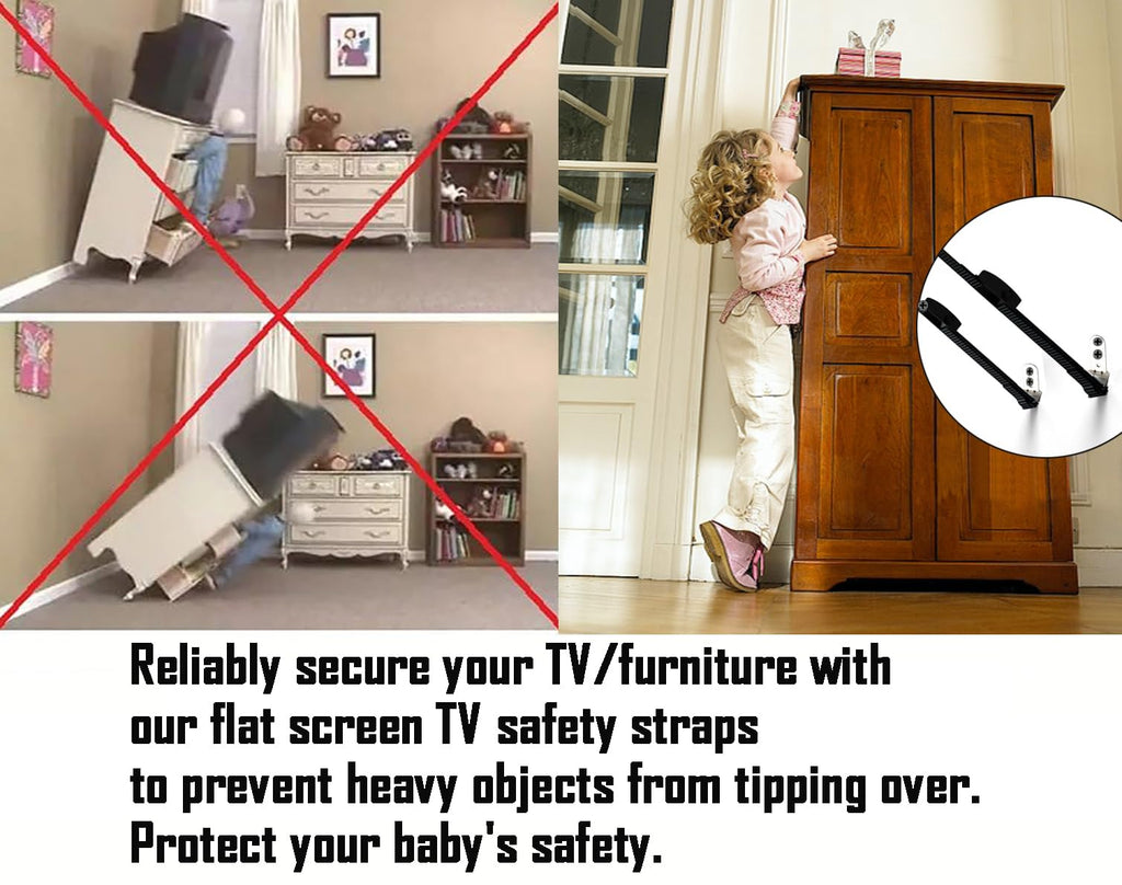Adjustable Anti-tip TV Straps Safety for Flat Screen, Heavy Duty Dual Cable Metal Anchor for Baby Proofing & Pet