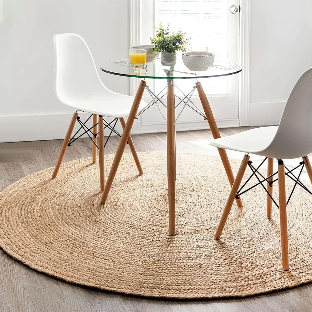 Round Jute Area Rug 6ft Natural Fiber Handwoven Boho Farmhouse Jute Area Rug Soft Braided Reversible