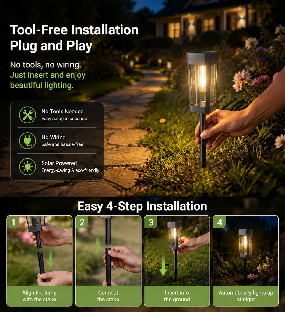 Solar Pathway Lights Outdoor, 8 Pack Tungsten Filament Solar Lights, 3 Modes Auto On/Off, IP65 Waterproof, Dusk to