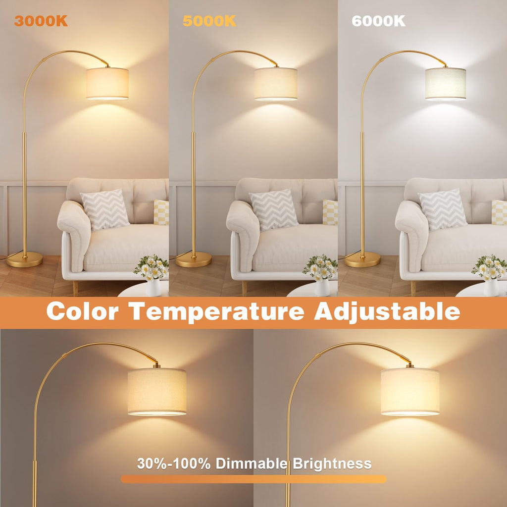 Dimmable Arc Floor Lamp with Remote, Color Temp Adjustable, Gold