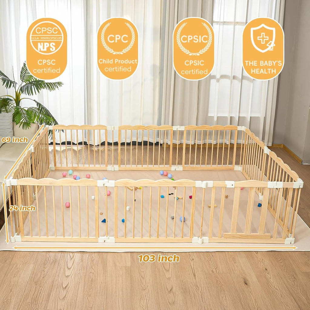 Wooden Baby Playpen 69x103 Inch Foldable Toddler Fence with Safety Lock | Extra Large Natural Wood Foldable Baby
