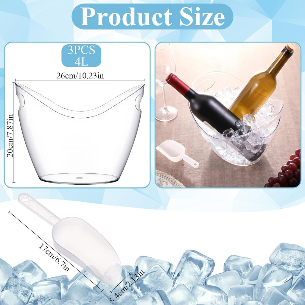 Ice Bucket, 4 Liter Champagne Wine Bucket with Scoops, Beer Buckets Beverage Bin Clear Acrylic Storage Tub - Set of 3