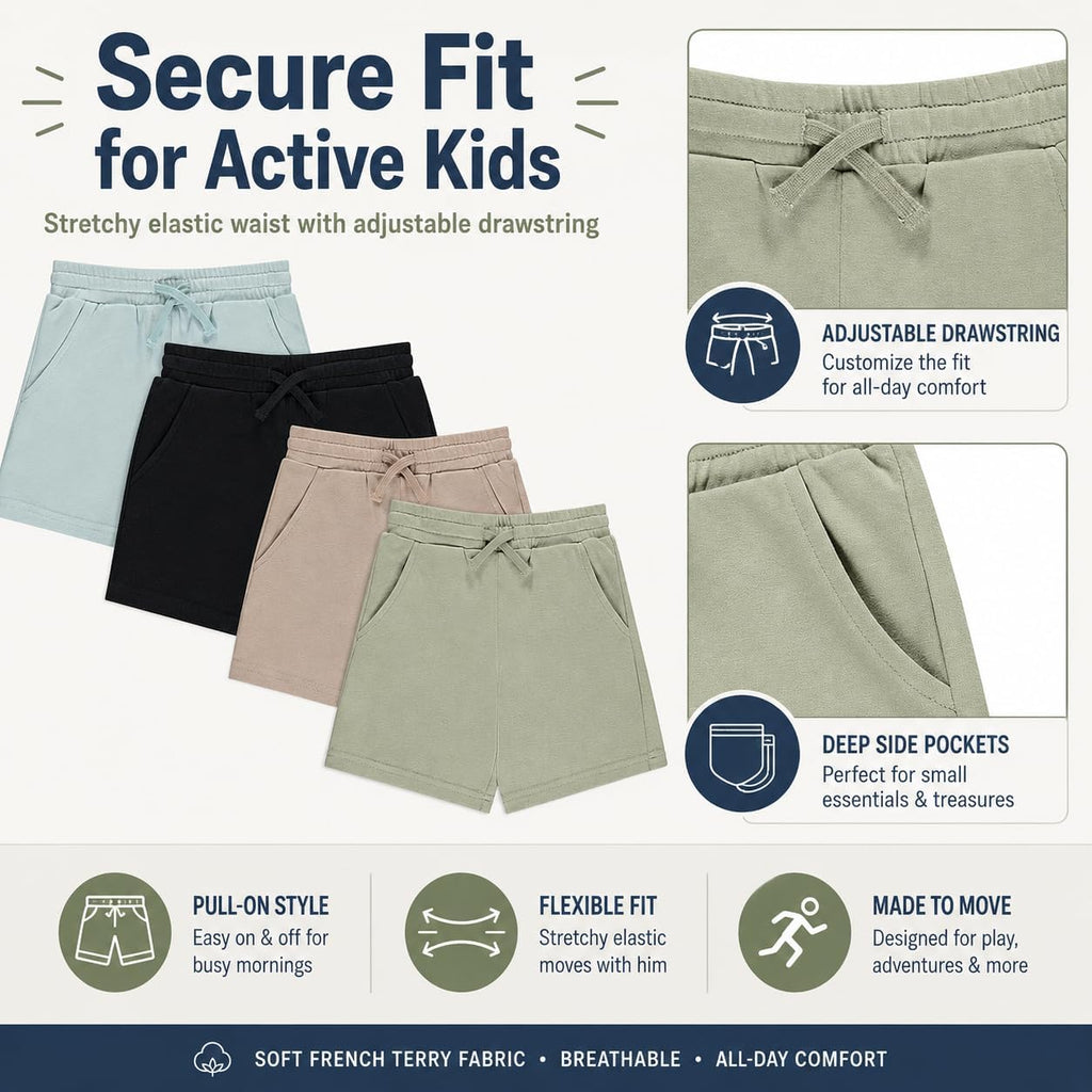 Boys 4 Pack French Terry Shorts Soft Breathable Cotton Lounge Shorts with Elastic Waist Drawstring