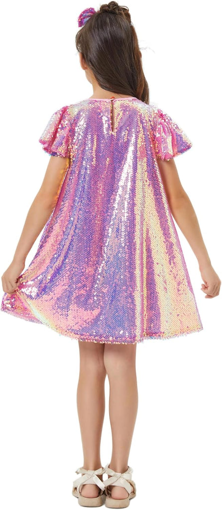 Sequin Dress Shiny Short Flutter Sleeve Midi Sparkly Party Dress with Hairbow