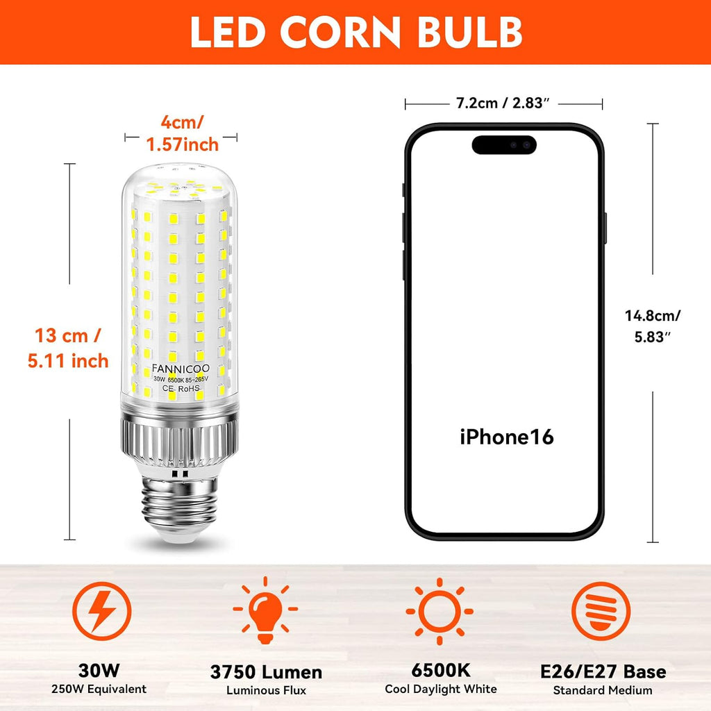 LED Light Bulbs 250W Equivalent Led Bulbs 3750LM 6500K Cool Daylight White 30W E26/E27 Base Ceiling Fan LED Corn