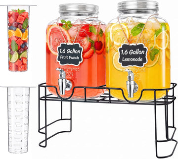 1.6 Gallon Glass Drink Dispenser with Stand & Fruit Infuser - Set of 2