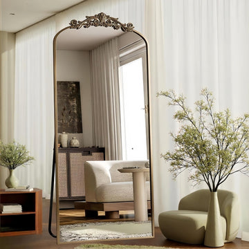 Arched Full Length Mirror, 71"x28" Floor Mirror with Carved, Bronze