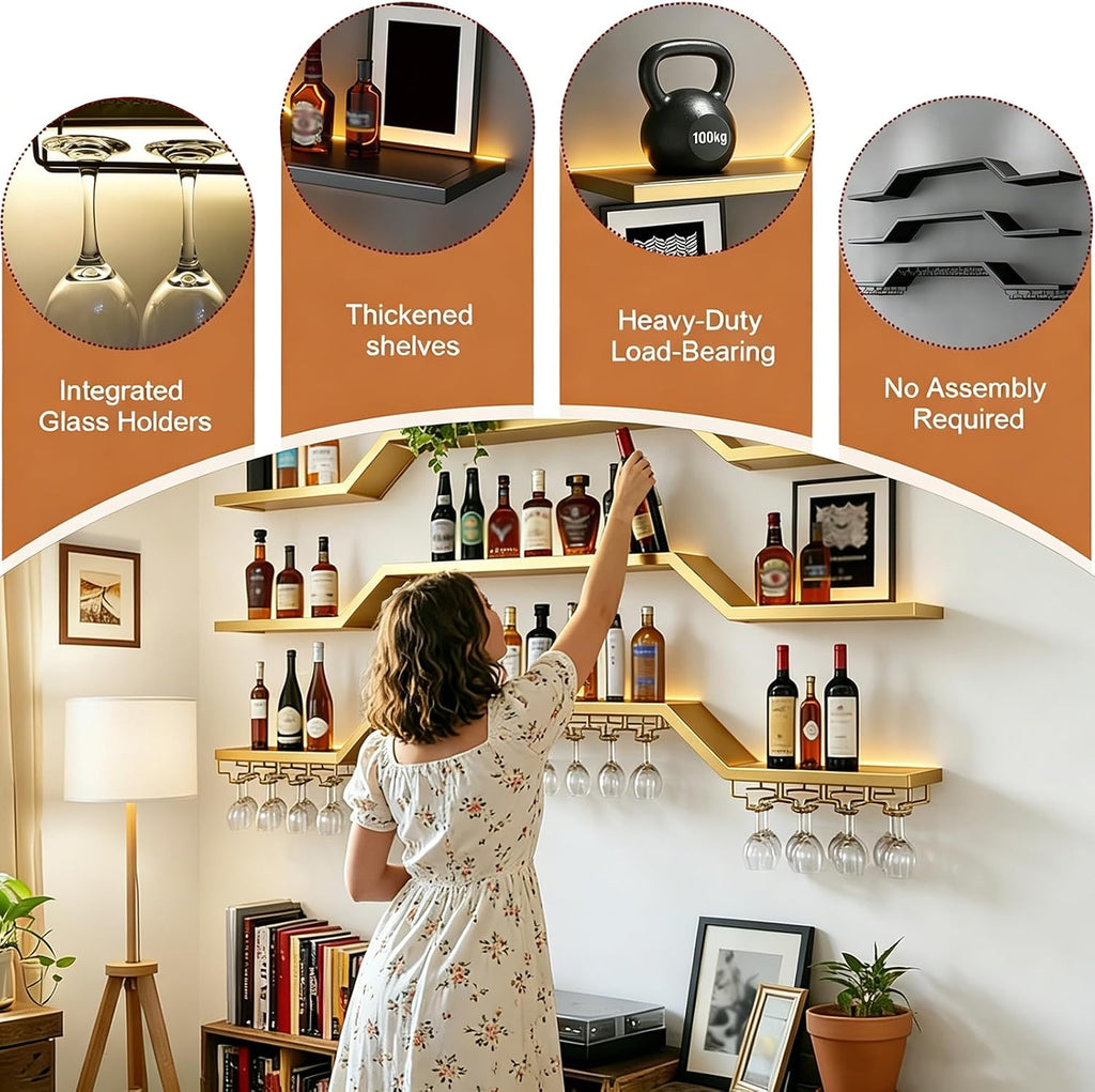 31.5in Wine Rack Wall Mounted, Move Individual Shelf LED Lights | 3-Tier Floating Bar Wall Shelves LED, Includes Wine