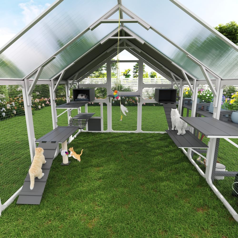 Large Outdoor Cat Enclosure with Planter Stand, Walk-in Catio, Pine Wood, Multi-Level Platforms, Waterproof Roof