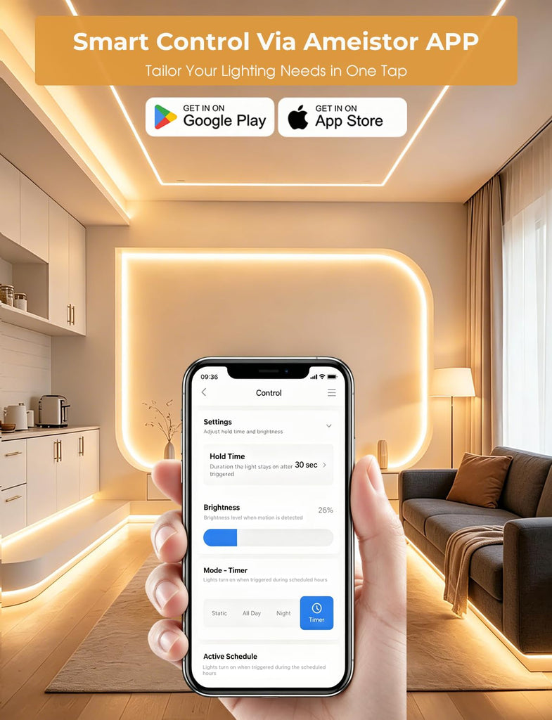 Smart Plug-in Dual Motion Sensor COB LED Strip Light for Under Bed, Under Cabinet, Hallway, Closet, 19.6ft APP