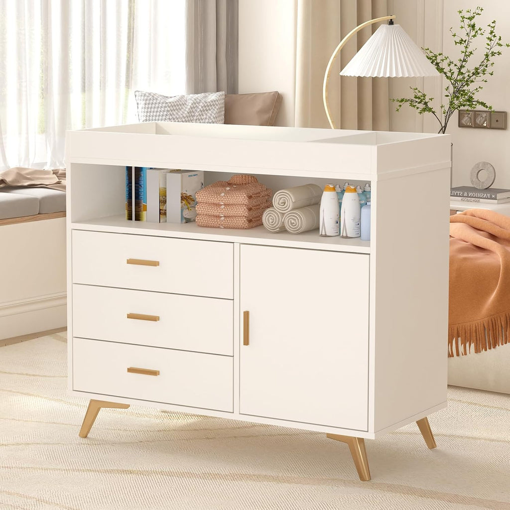 Baby Changing Table Dresser with Table Top, 3 Drawers & Open Shelf | Wooden Diaper Changing Station with Safety Rails