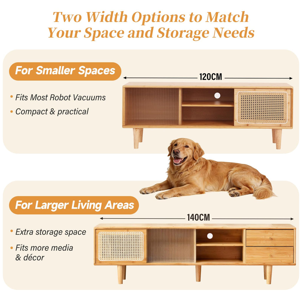 Rattan TV Stand for 55 Inch TV, Bamboo Cabinet with Storage, Wood