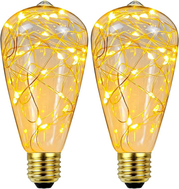 2 Pack Classic Edison Copper Wire LED Firework Bulb ST64, 1.5W (15W Equiv), 150 Lumens, 2200K Warm Yellow, E26 Base