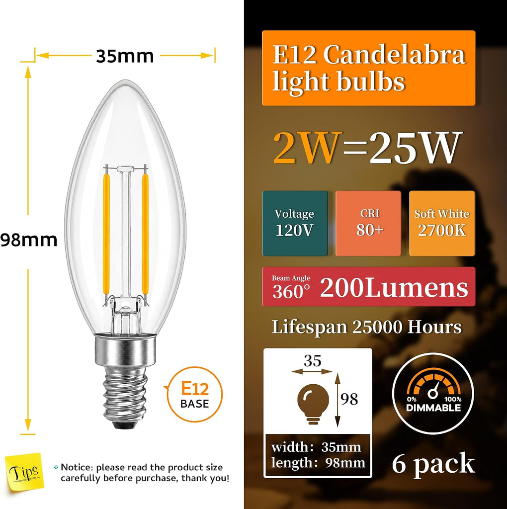 Dimmable E12 LED Candelabra Light Bulbs 2W,2700K Warm White,200 Lumens