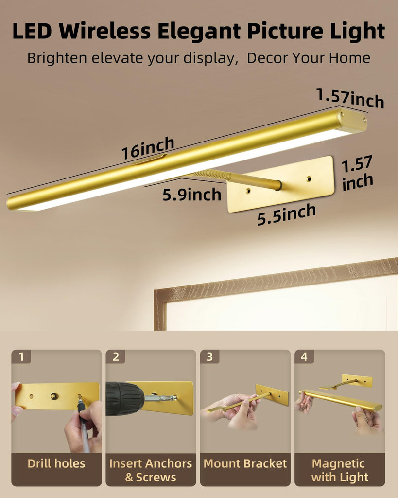 Picture Light for Wall, 4800mAh Rechargeable Wireless Remote, 16'' Dimmable Magnetic LED Art Display Light with 3