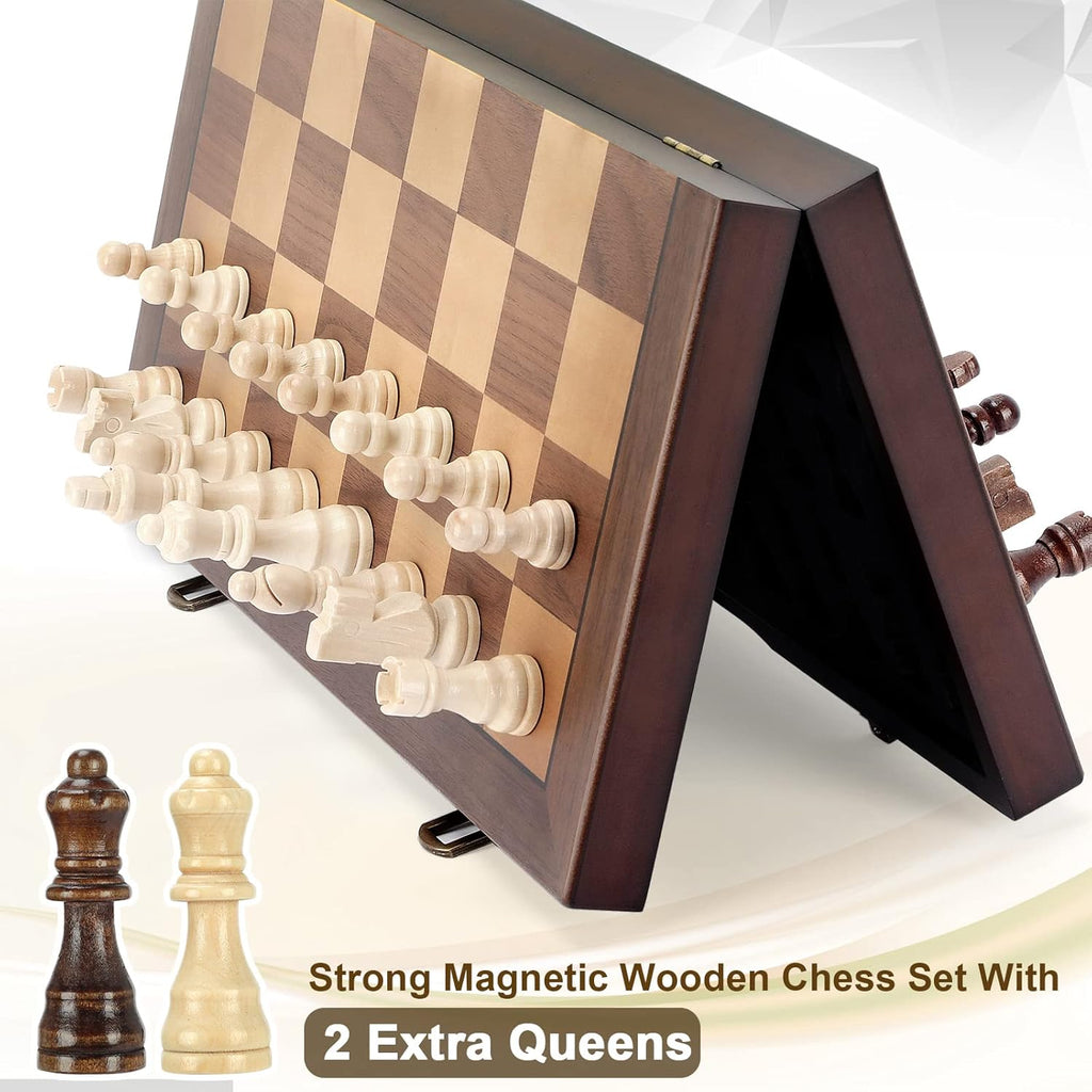 Magnetic Wooden Chess Set for Adults Kids 15'' Chess Board with Handmade Pieces, Folding Portable Travel Unique Chess