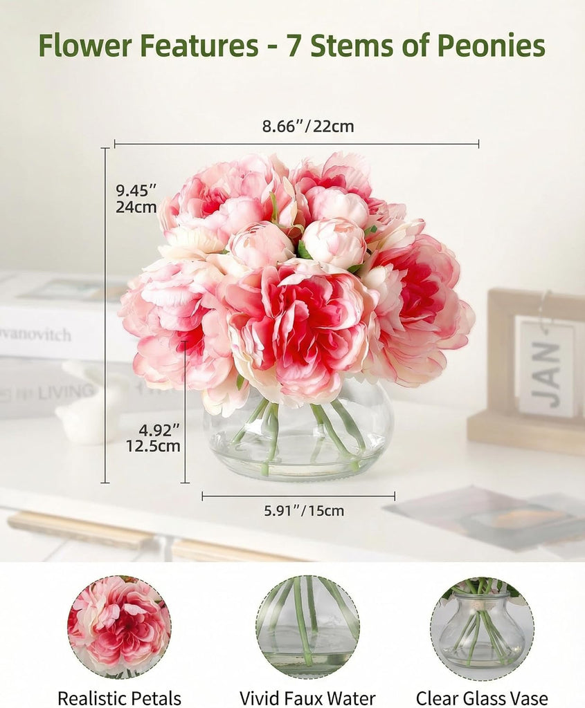 Artificial Peonies Flowers with Vase, Mixed Pink Silk Peony Bouquet with Faux Water in Glass Vase, Lifelike Fake