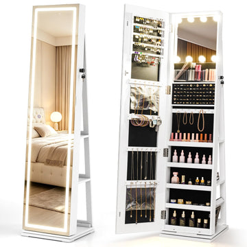 Swivel Floor Standing Jewelry Armoire with Full Length LED Mirror