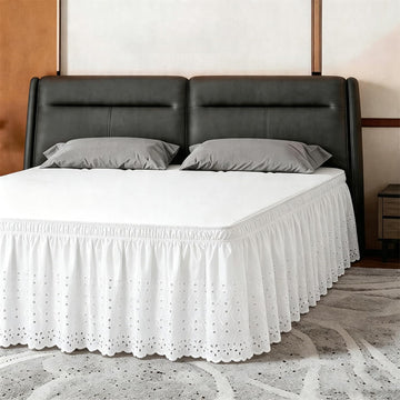 Queen Bed Skirt, Wrap-Around Elastic Ruffled Eyelet Bed Skirt Queen Size Dust Ruffle with Gathered Styling and