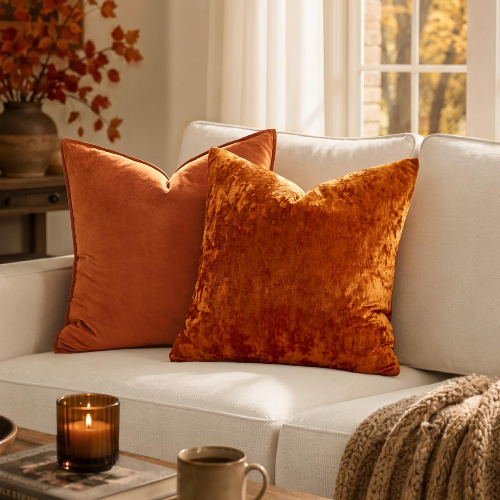 Fall Decorative Orange Velvet Throw Pillow Covers for Couch 20x20 in