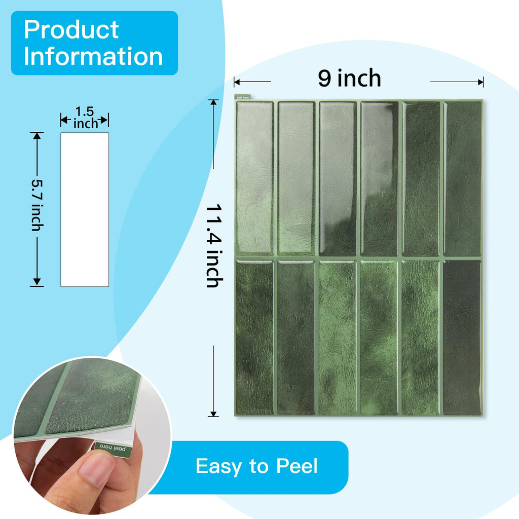 Subway Tile Peel and Stick Backsplash, 10-Pack, 11.4" x 9", Green