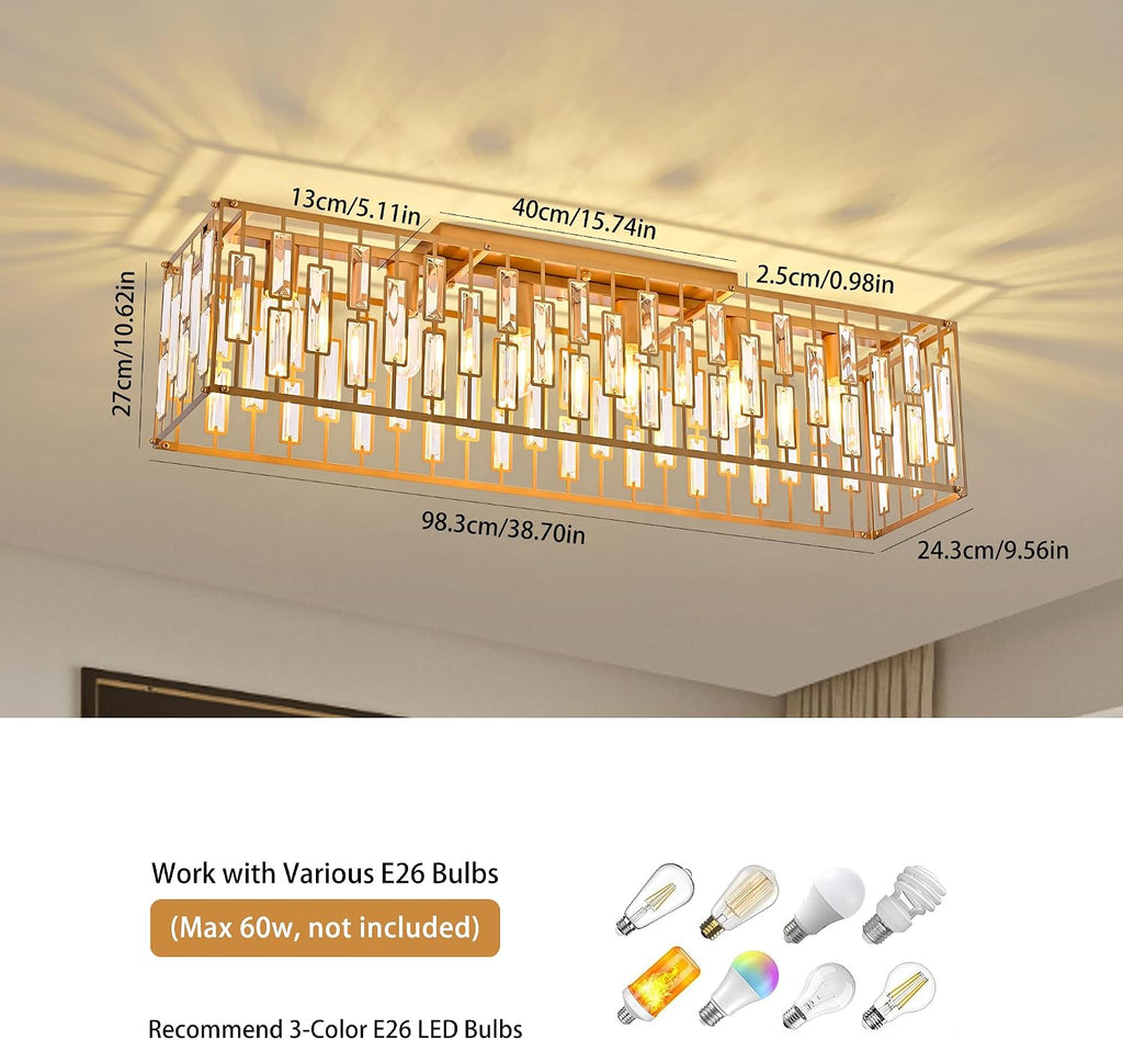 38.7 inch Gold Crystal Chandelier for Living Room, 6-Light Rectangle Flush Mount Ceiling Light Modern Chandeliers for