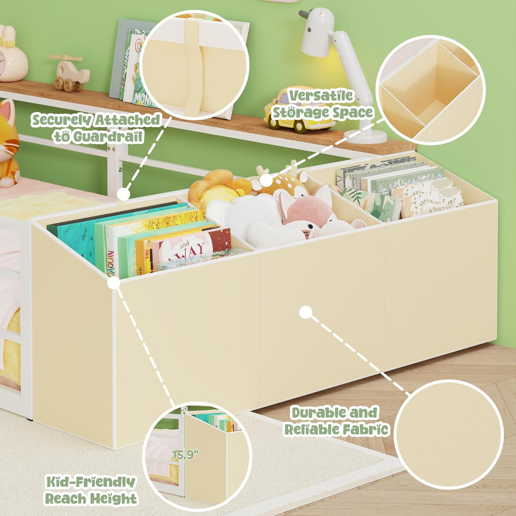Twin Montessori Floor Bed Frame with Storage | Storage Organizer and Side Shelf, High Guardrail and Wide Entrance, No