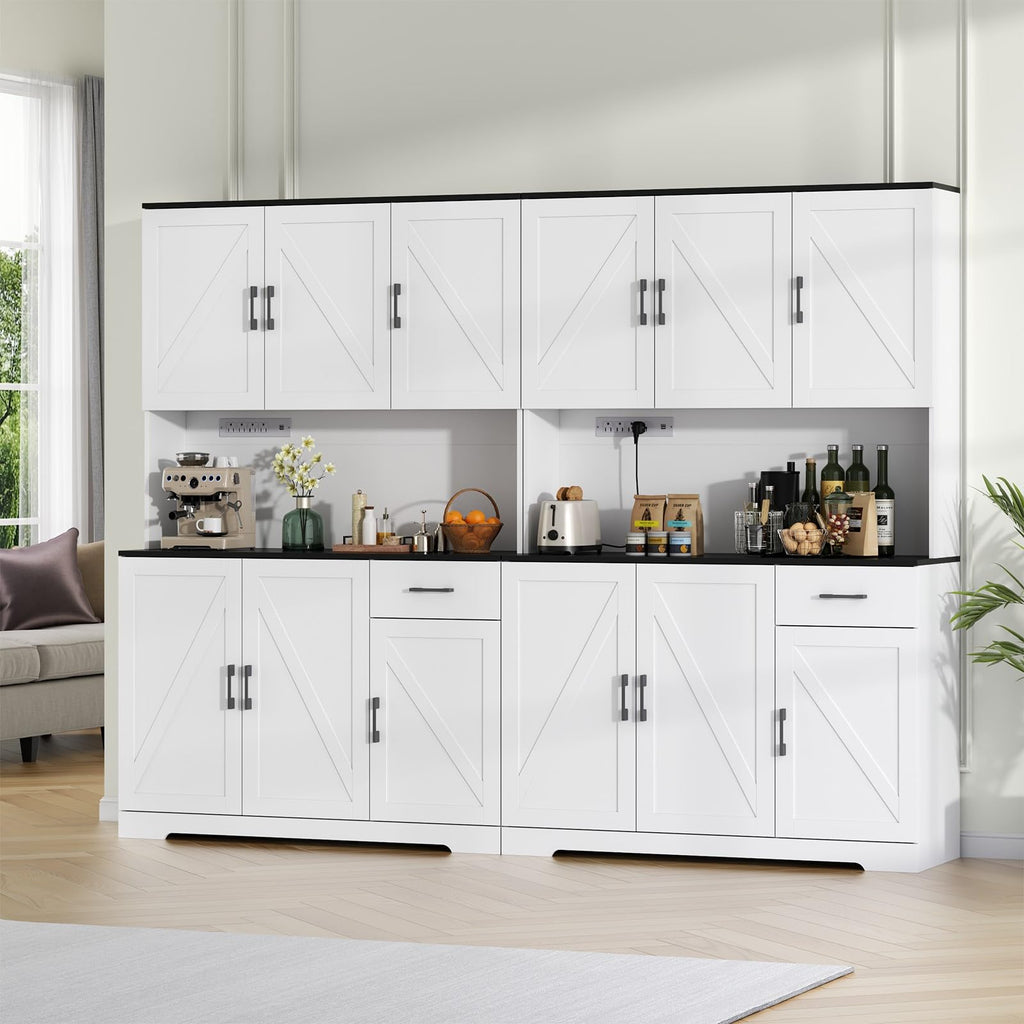71'' Farmhouse Kitchen Pantry Cabinet, Tall Storage Cabinet with Power Outlet, Freestanding Hutch with Drawer, 4