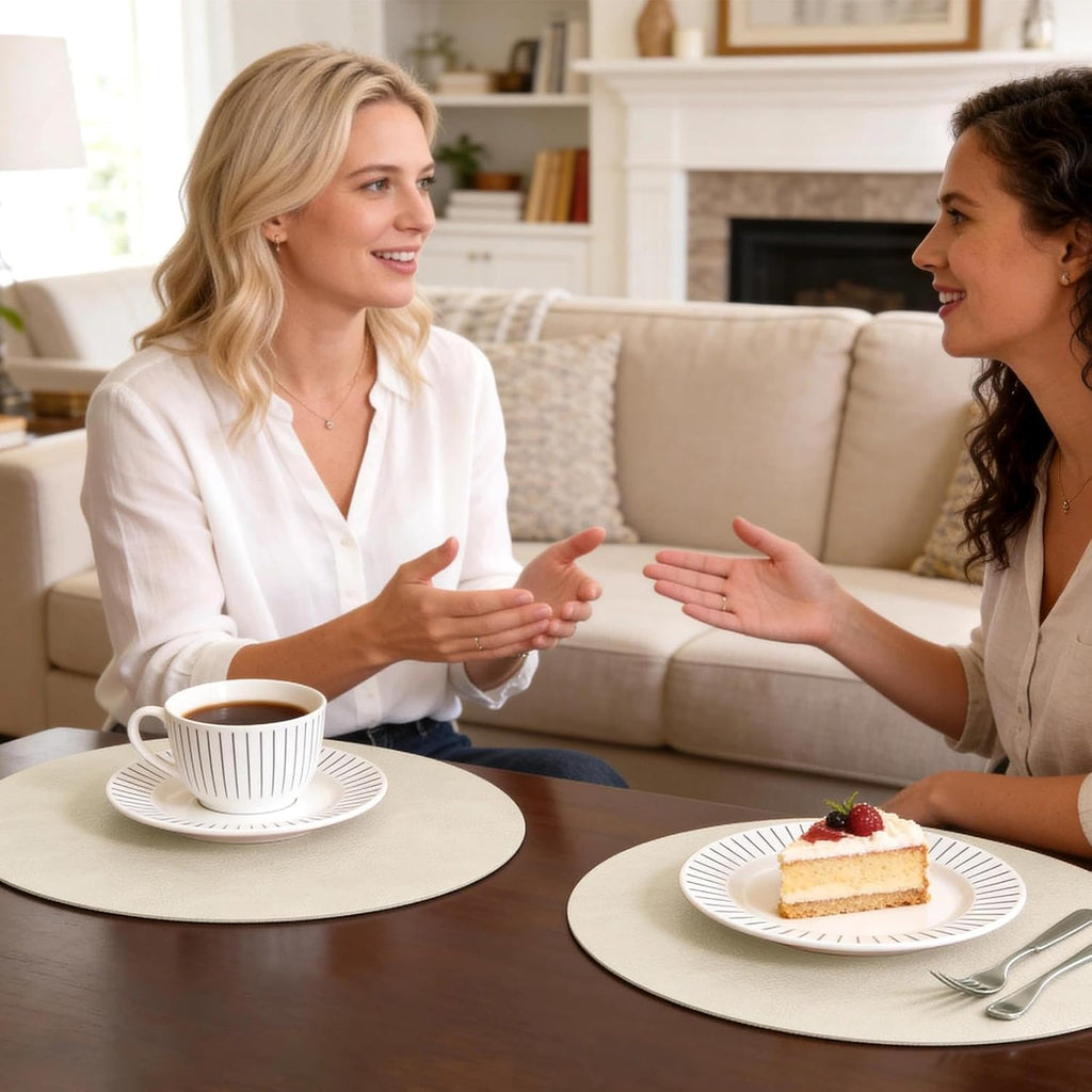 Vinyl Faux Leather Round Placemats, 13 Inch, Beige - Set of 4