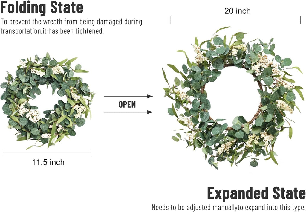 20'' Eucalyptus Wreath for Front Door Porch Decor, Spring Summer
