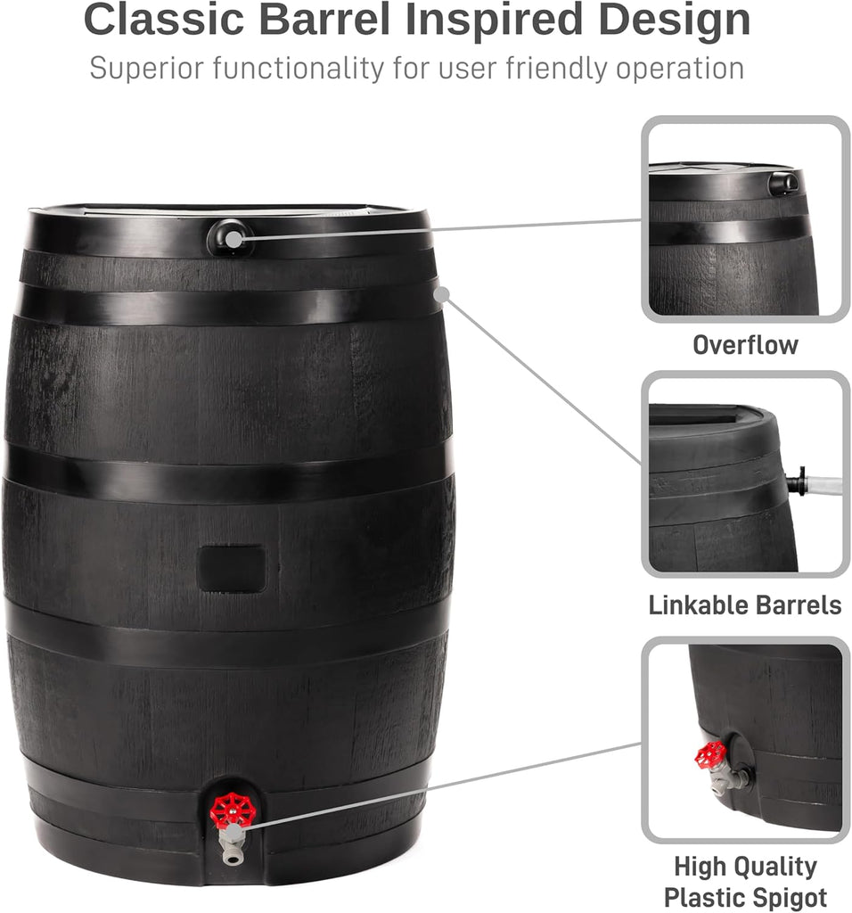 50-Gallon ECO Rain Barrel Made with 100% Recycled Plastic, Flat Back Rain Water Collection Barrel, Stand Included