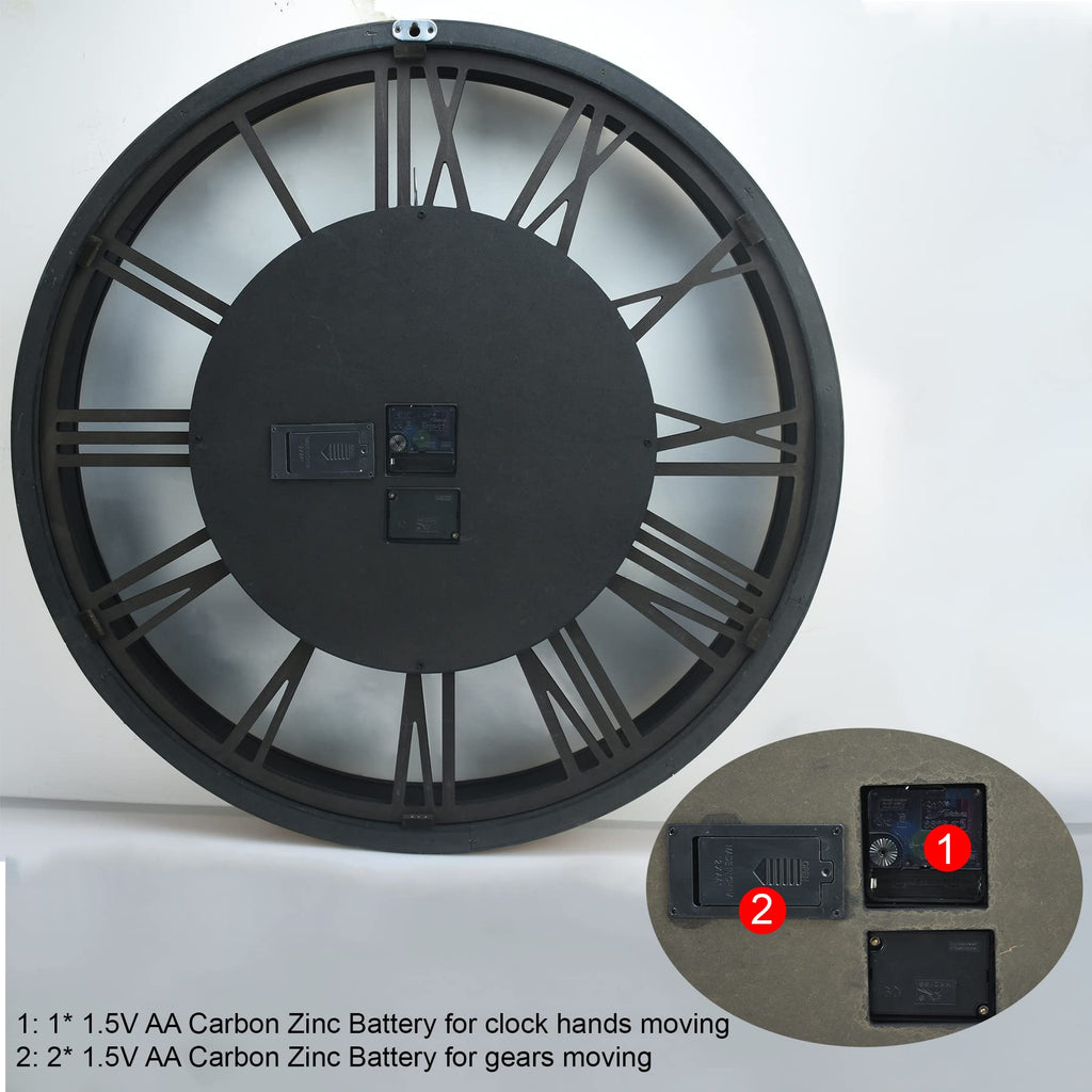 27 inch Large Real Moving Gears Wall Clock with Toughened Glass Cover, Oversized Vintage Solid Wood Farmhouse Clock