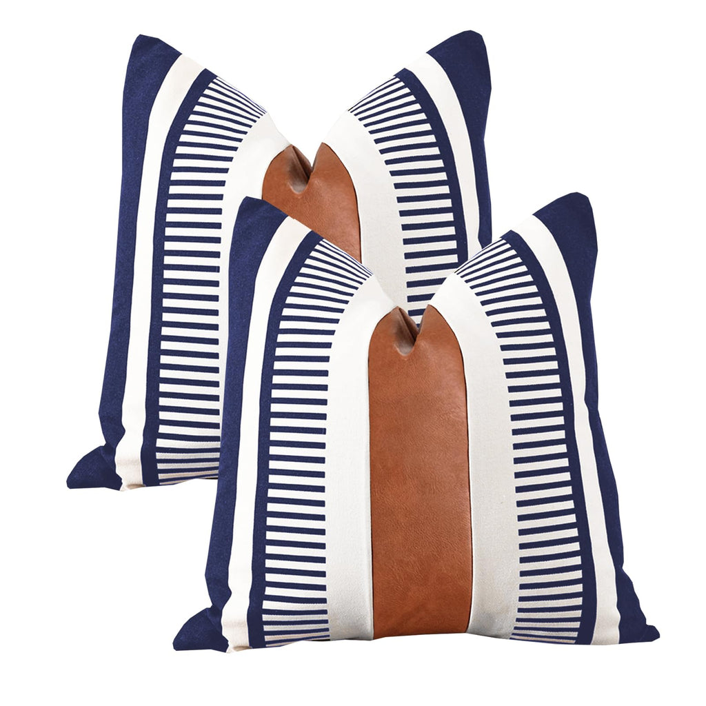 Set of 2 Navy Blue and White Boho Throw Pillow Cover, Faux Leather Modern Couch Pillow Covers 22x22 inch Farmhouse