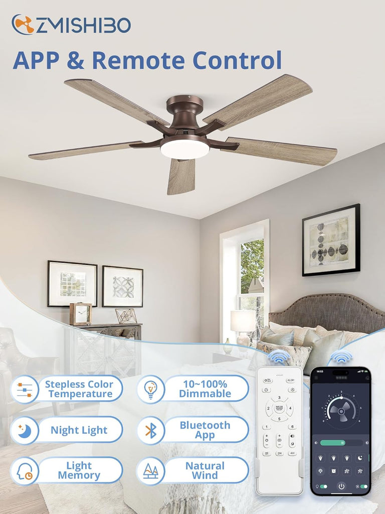 52 Inch Ceiling Fan with Light, App&Remote Control, Flush Mount Low Profile, Dimmable 20W LED Light, Quiet Reversible Motor for Bedroom, Living Room, Apartment, Brown A101-B0DPHBV4XB