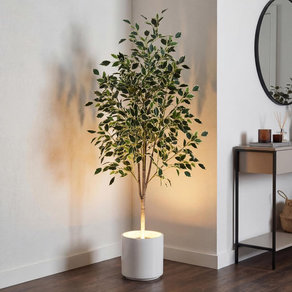 5ft Artificial Ficus Tree Faux Realistic Plants with Silk Leaves and Texture Trunks Fake Ficus Tree Decor Indoor