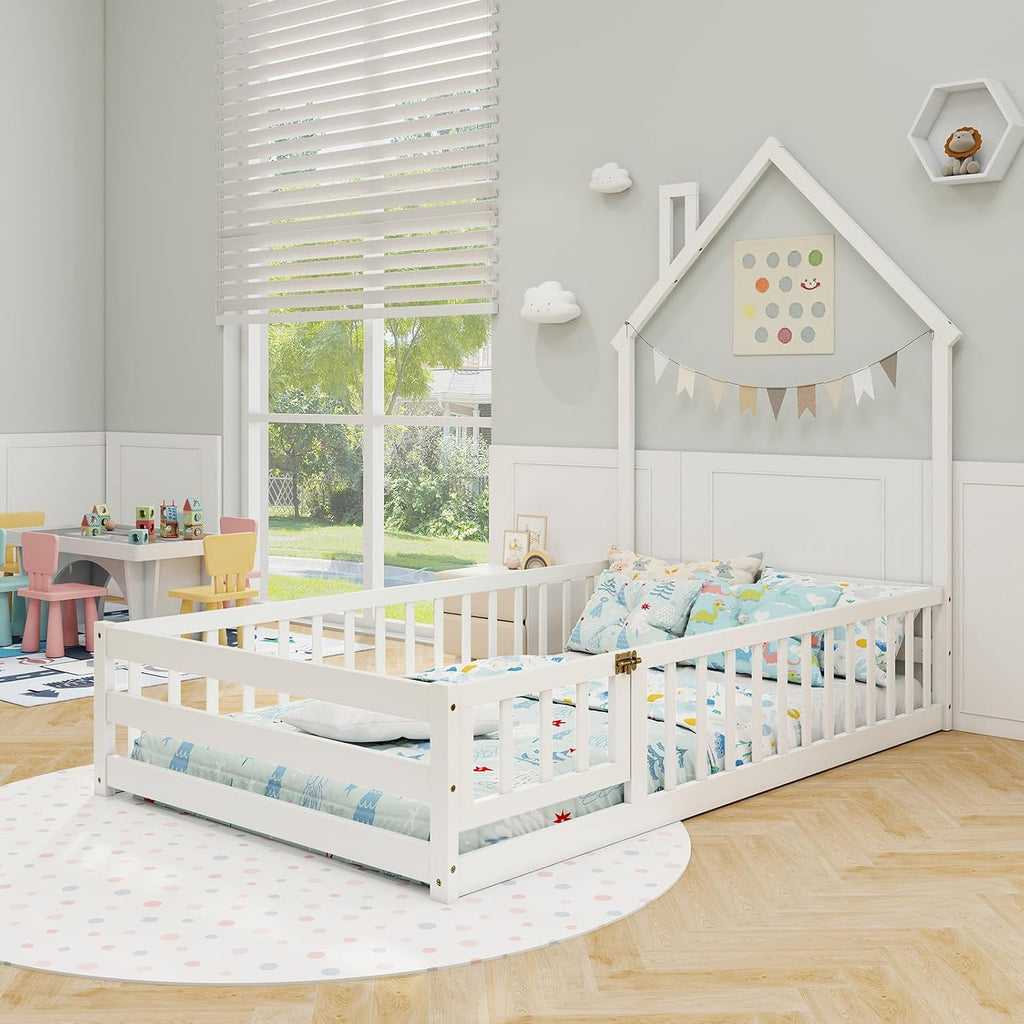Floor Bed, House-Shaped Montessori Bed Frame with Headboard, Full-Length Guardrail, Chimney & Solid Wood